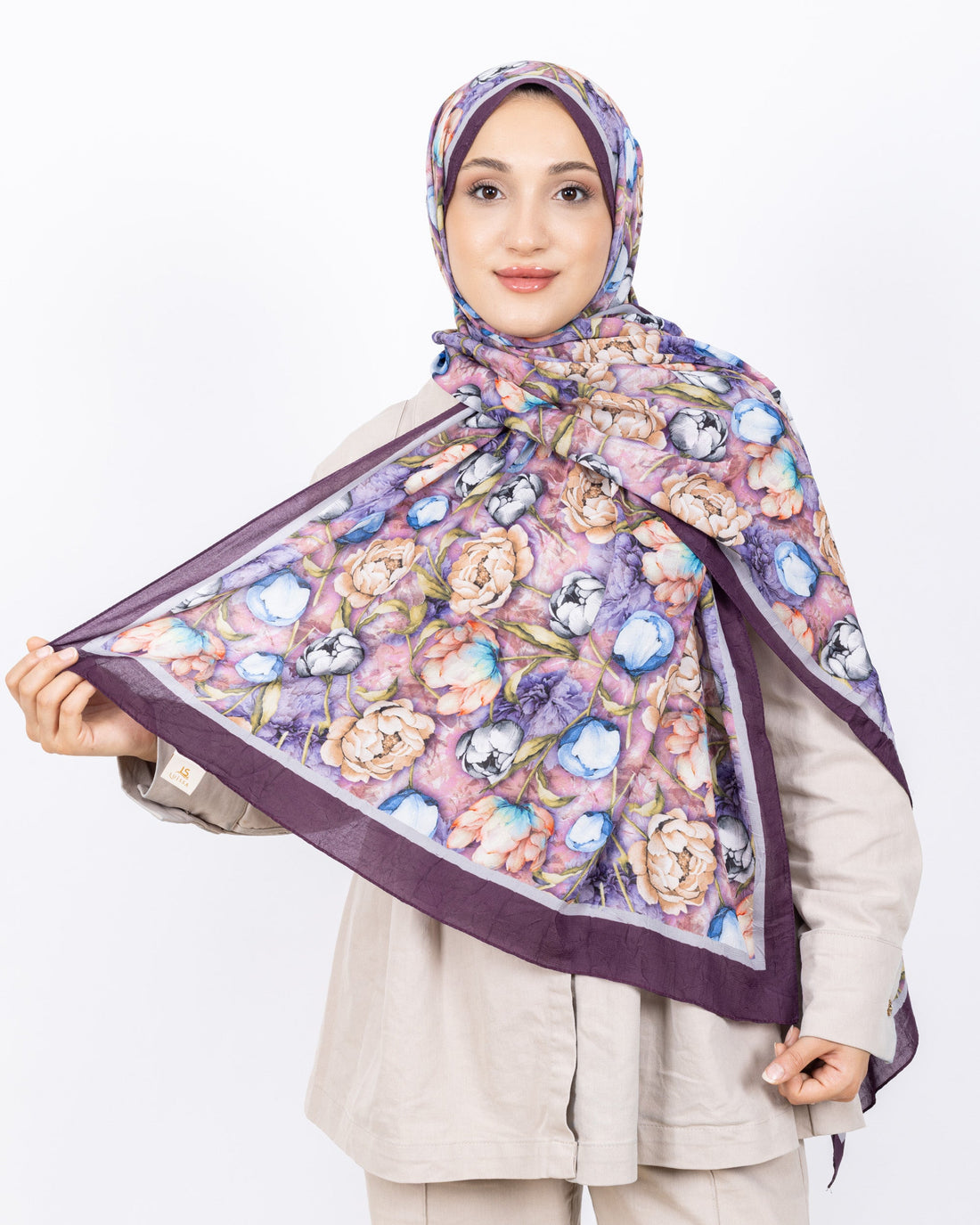 Soft Bambu Kraş Şal D036 Mürdüm, rose desenli, 75 × 185 cm şal – görsel 1
