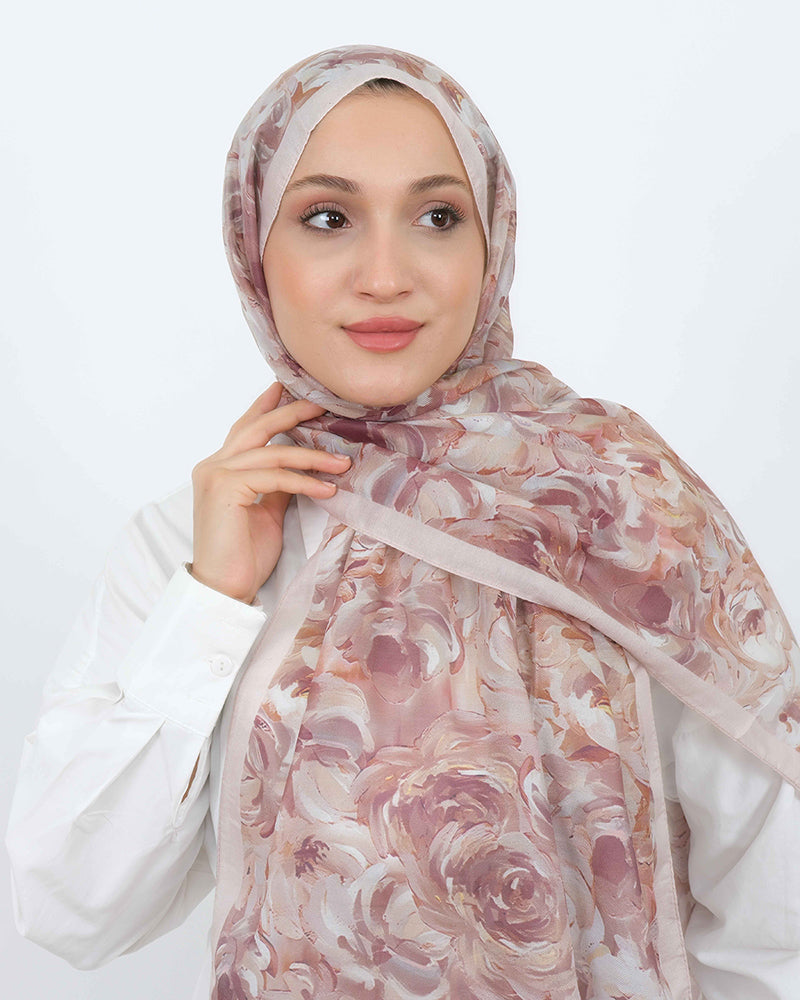 Soft Şal D058 Pudra, çiçekli desenli, 75 × 185 cm şal – görsel 2