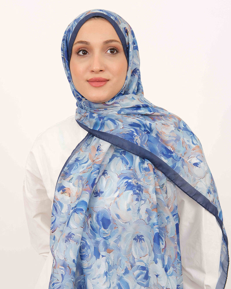 Soft Şal D058 Lacivert, çiçekli desenli, 75 × 185 cm şal – görsel 2
