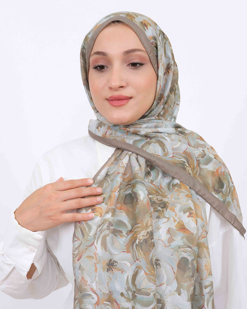 Soft Şal D058 Vizon, çiçekli desenli, 75 × 185 cm şal – görsel 3