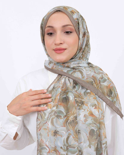 Soft Şal D058 Vizon, çiçekli desenli, 75 × 185 cm şal – görsel 3