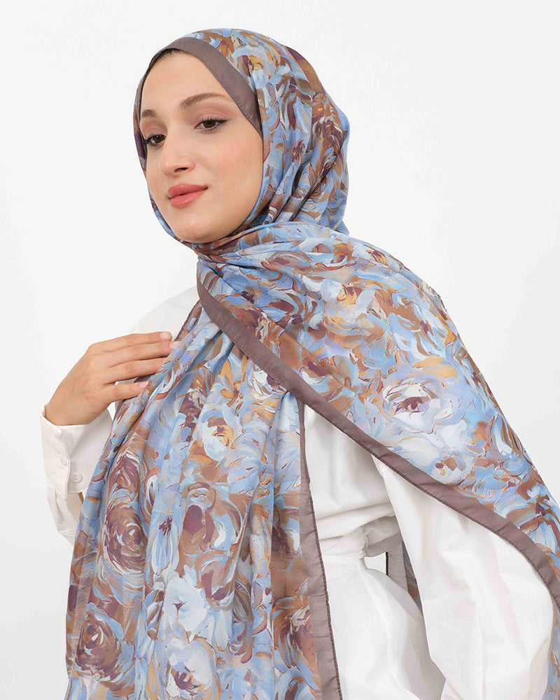 Soft Şal D058 Sütlü Kahve, çiçekli desenli, 75 × 185 cm şal – görsel 3