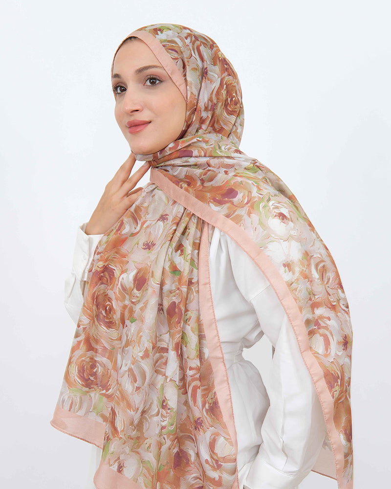 Soft Şal D058 Gül Kurusu, çiçekli desenli, 75 × 185 cm şal – görsel 1