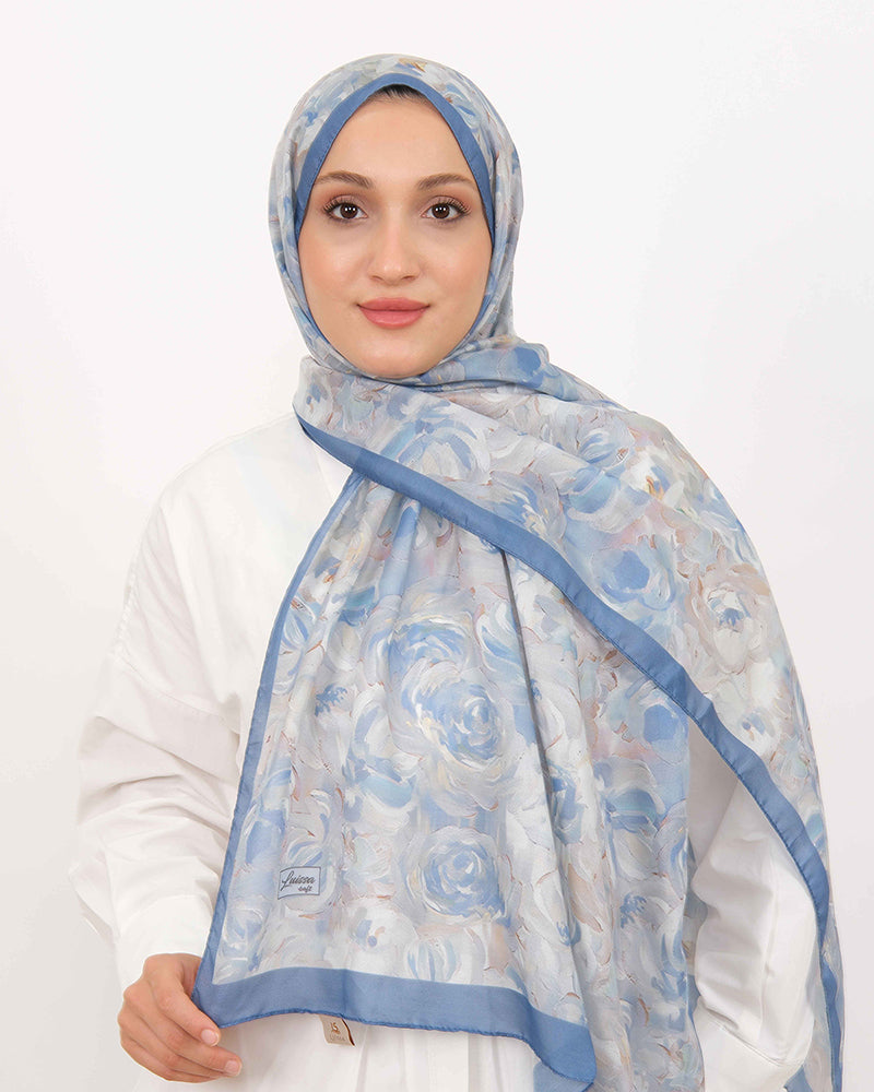 Soft Şal D058 İndigo Mavi, çiçekli desenli, 75 × 185 cm şal – görsel 2