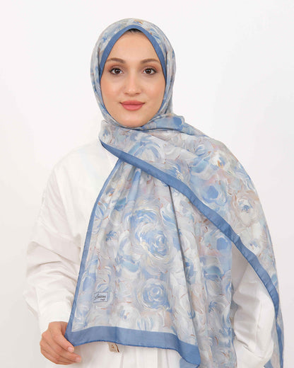 Soft Şal D058 İndigo Mavi, çiçekli desenli, 75 × 185 cm şal – görsel 2