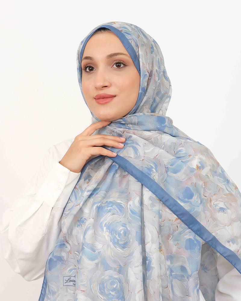 Soft Şal D058 İndigo Mavi, çiçekli desenli, 75 × 185 cm şal – görsel 4