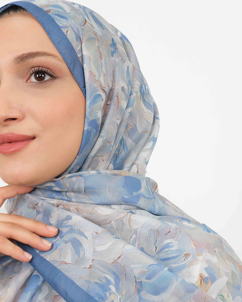 Soft Şal D058 İndigo Mavi, çiçekli desenli, 75 × 185 cm şal – görsel 1