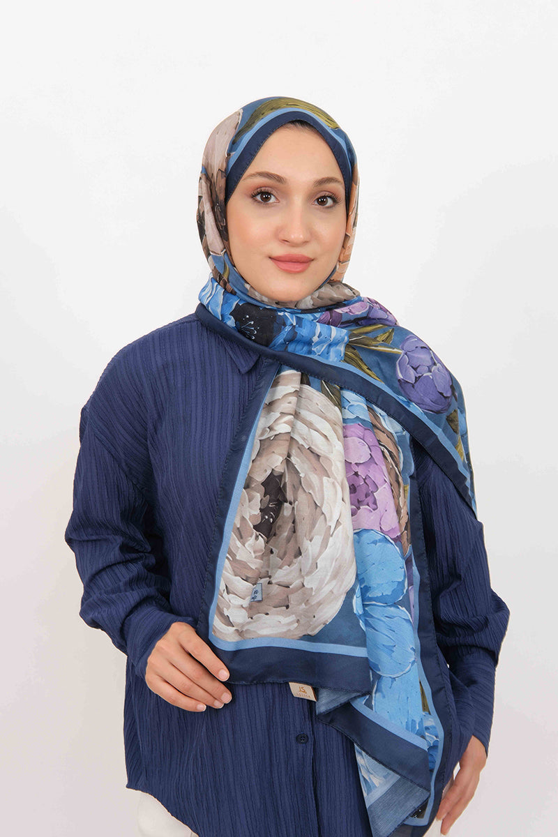 Soft Şal D060 Lacivert, çiçekli desenli, 75 × 185 cm şal – görsel 2