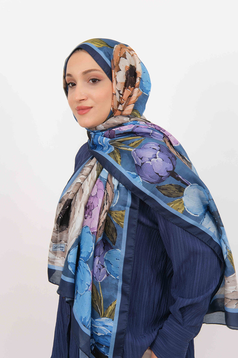 Soft Şal D060 Lacivert, çiçekli desenli, 75 × 185 cm şal – görsel 1