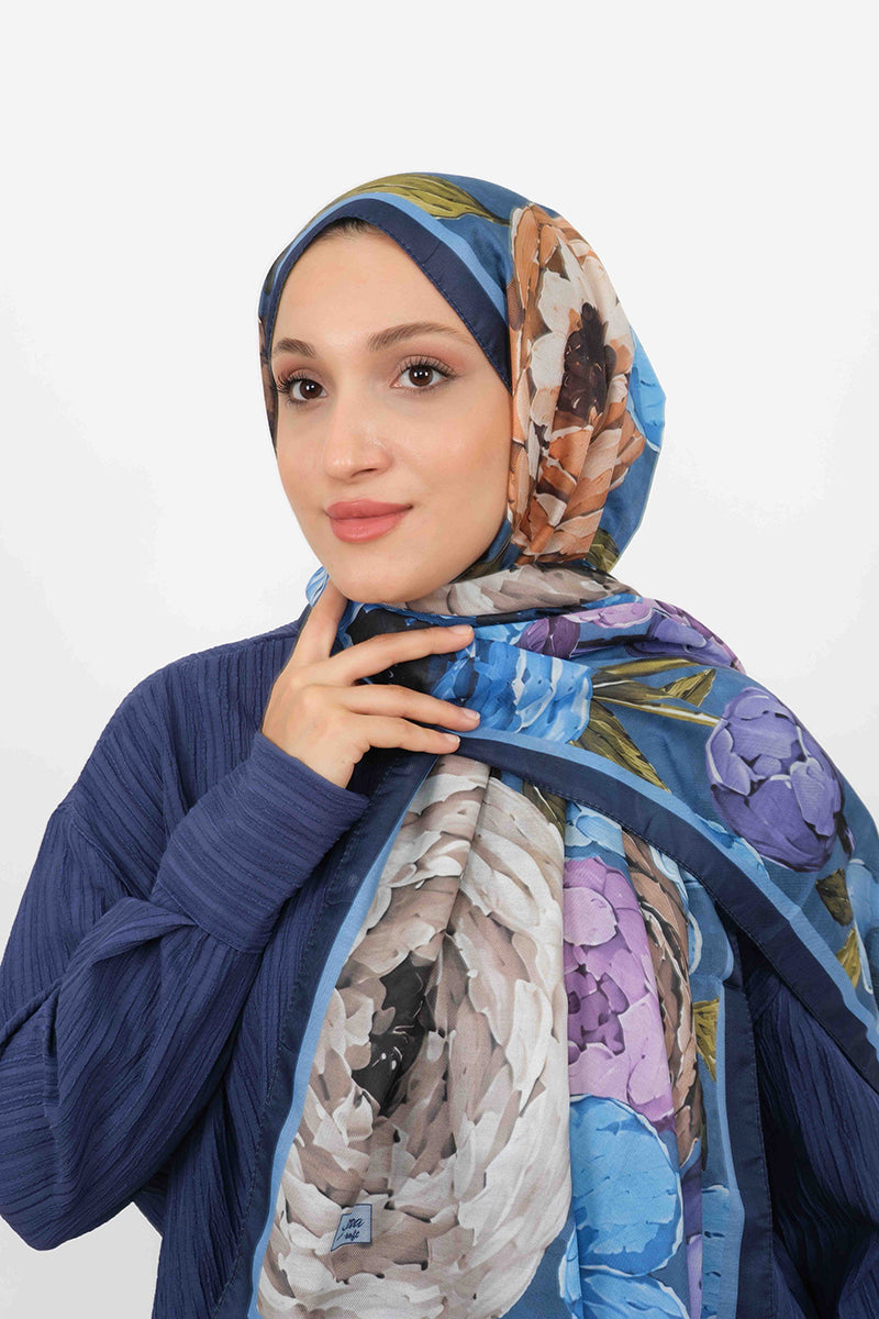 Soft Şal D060 Lacivert, çiçekli desenli, 75 × 185 cm şal – görsel 3