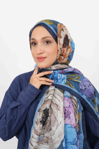 Soft Şal D060 Lacivert, çiçekli desenli, 75 × 185 cm şal – görsel 3