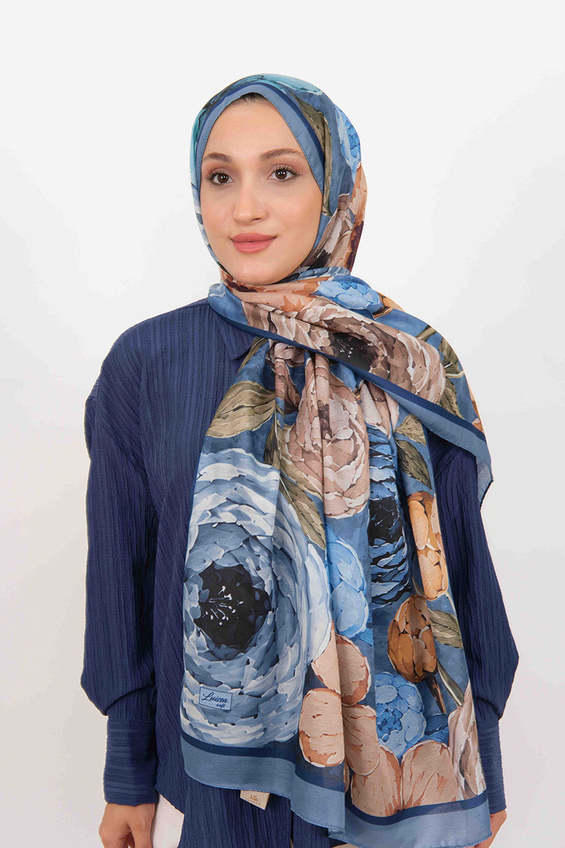Soft Şal D060 İndigo Mavi, çiçekli desenli, 75 × 185 cm şal – görsel 2