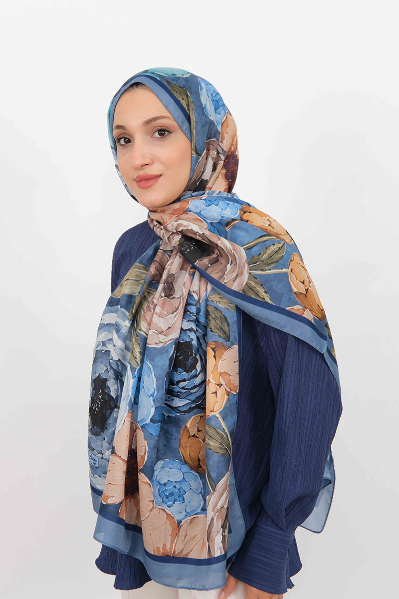 Soft Şal D060 İndigo Mavi, çiçekli desenli, 75 × 185 cm şal – görsel 3