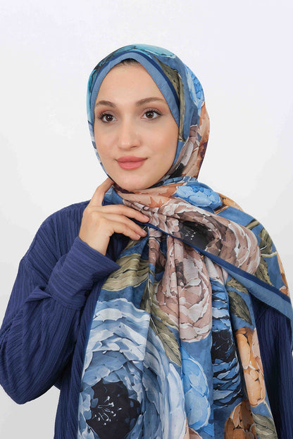 Soft Şal D060 İndigo Mavi, çiçekli desenli, 75 × 185 cm şal – görsel 1
