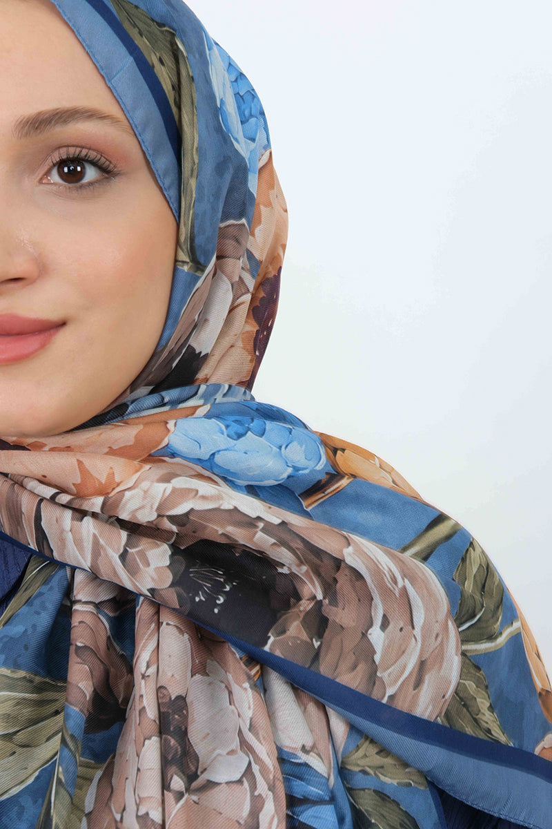 Soft Şal D060 İndigo Mavi, çiçekli desenli, 75 × 185 cm şal – görsel 4