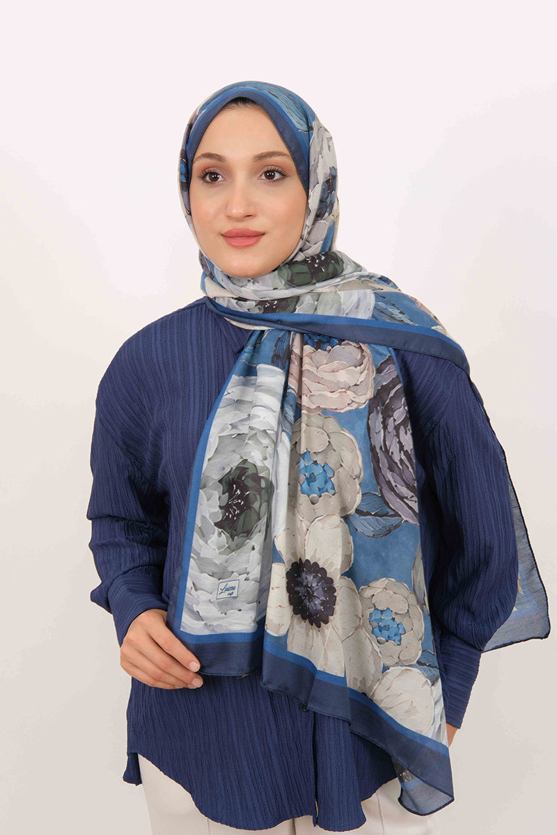 Soft Şal D060 Lacivert-Mavi, çiçekli desenli, 75 × 185 cm şal – görsel 2