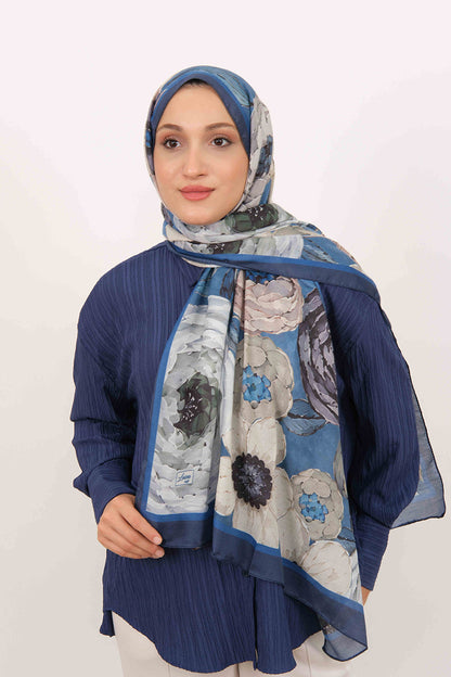 Soft Şal D060 Lacivert-Mavi, çiçekli desenli, 75 × 185 cm şal – görsel 2