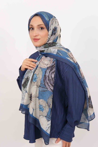 Soft Şal D060 Lacivert-Mavi, çiçekli desenli, 75 × 185 cm şal – görsel 3