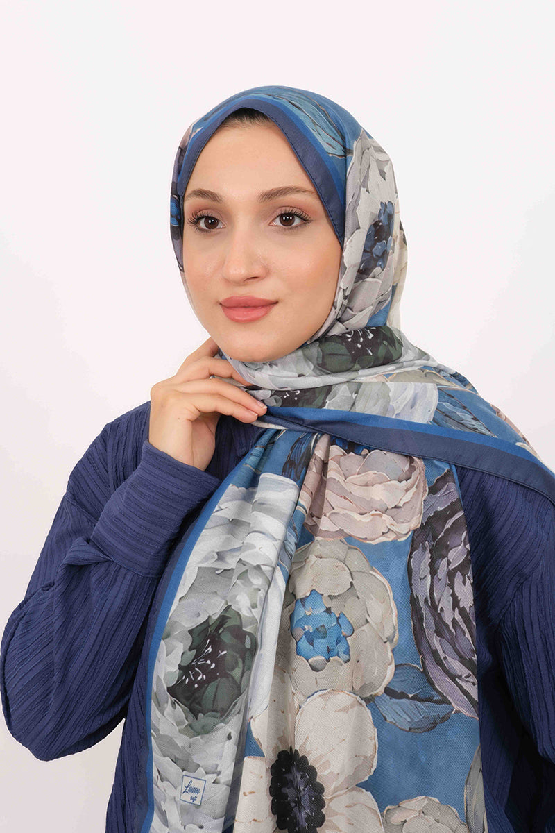 Soft Şal D060 Lacivert-Mavi, çiçekli desenli, 75 × 185 cm şal – görsel 1