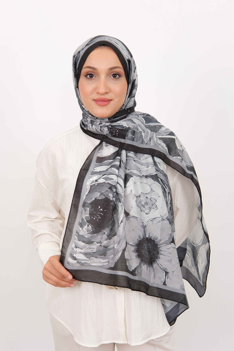 Soft Şal D060 Siyah, çiçekli desenli, 75 × 185 cm şal – görsel 2