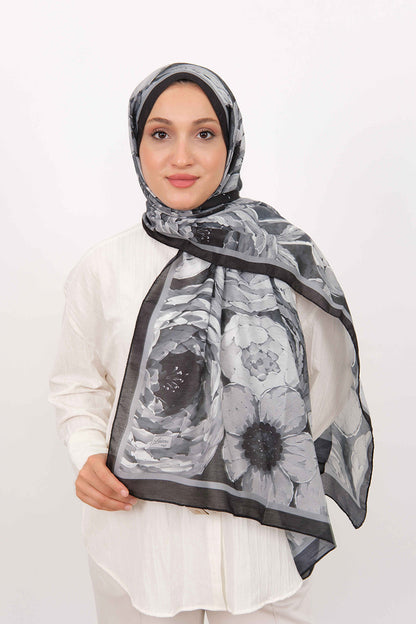 Soft Şal D060 Siyah, çiçekli desenli, 75 × 185 cm şal – görsel 2