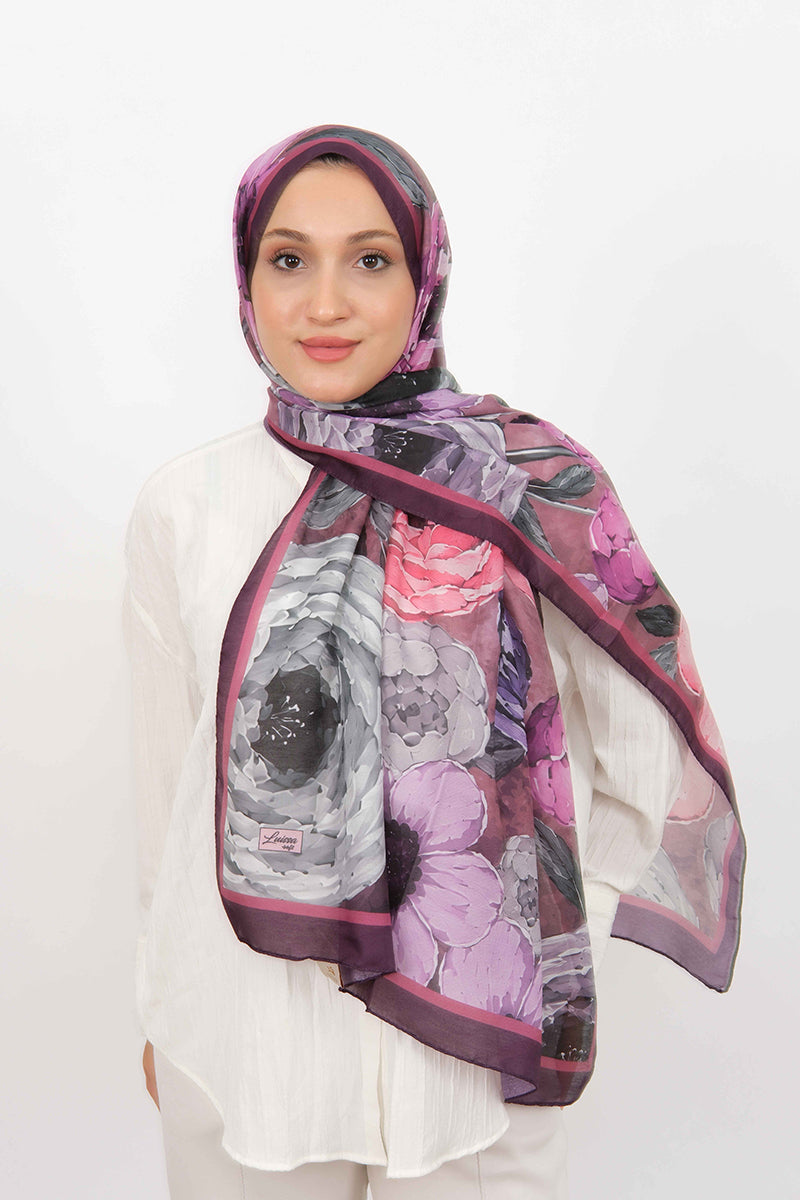 Soft Şal D060 Mor, çiçekli desenli, 75 × 185 cm şal – görsel 1