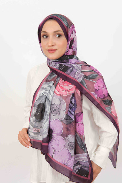 Soft Şal D060 Mor, çiçekli desenli, 75 × 185 cm şal – görsel 2