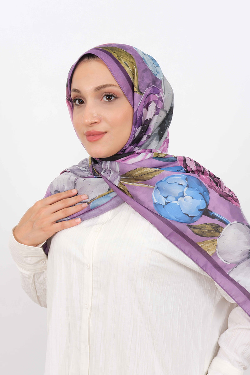 Soft Şal D060 Lila, çiçekli desenli, 75 × 185 cm şal – görsel 3