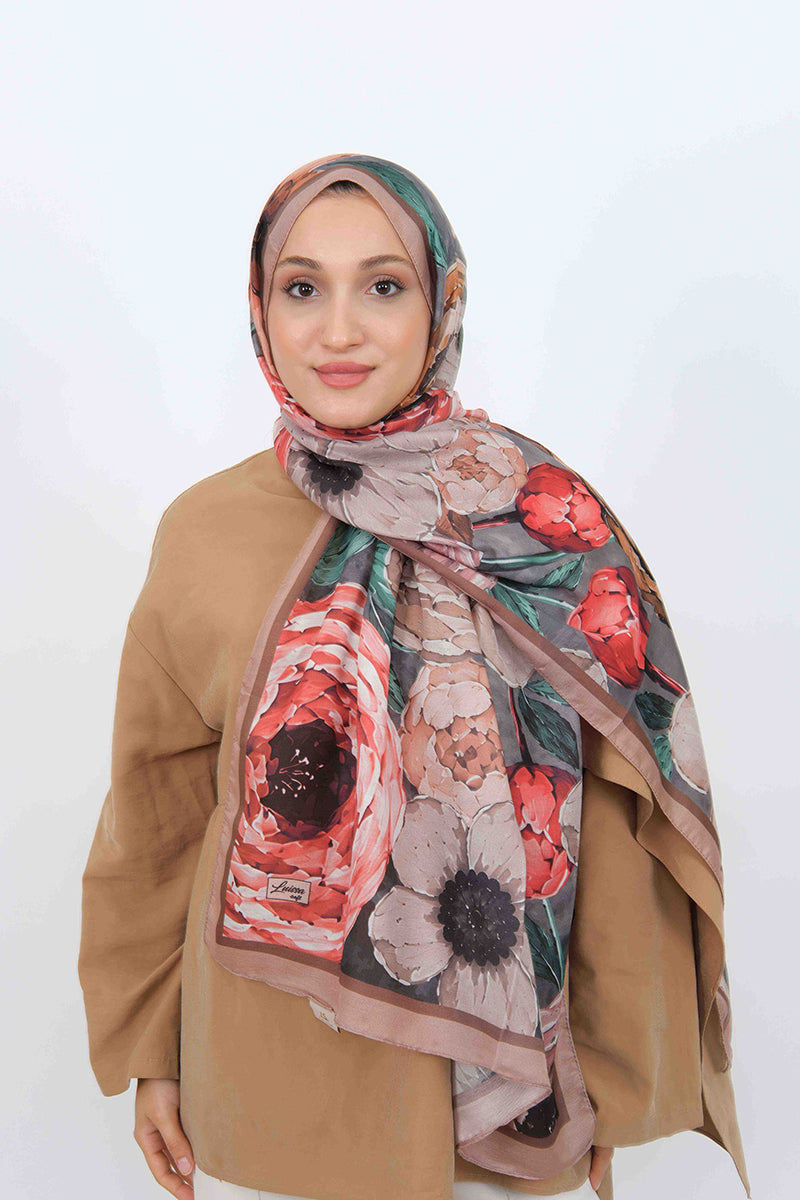 Soft Şal D060 Gül Kurusu, çiçekli desenli, 75 × 185 cm şal – görsel 2