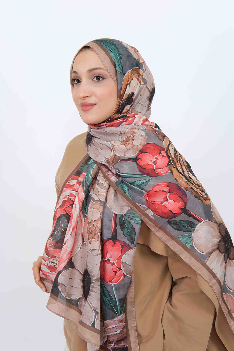 Soft Şal D060 Gül Kurusu, çiçekli desenli, 75 × 185 cm şal – görsel 1