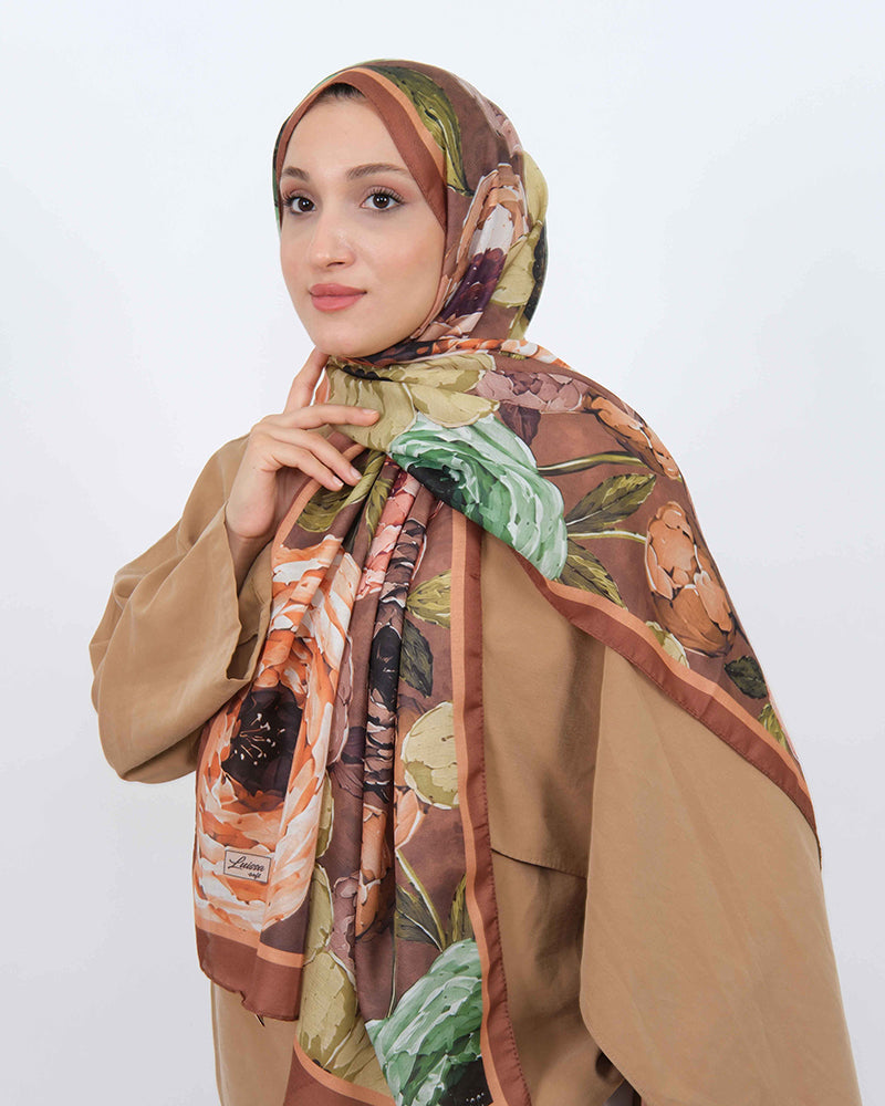 Soft Şal D060 Kahverengi, çiçekli desenli, 75 × 185 cm şal – görsel 2