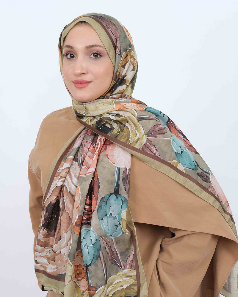 Soft Şal D060 Yağ Yeşili, çiçekli desenli, 75 × 185 cm şal – görsel 2