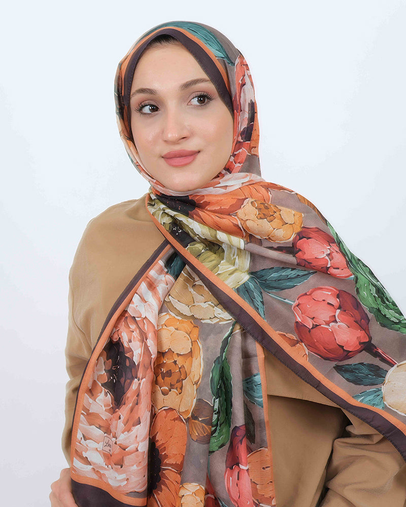 Soft Şal D060 Koyu Kahverengi, çiçekli desenli, 75 × 185 cm şal – görsel 2