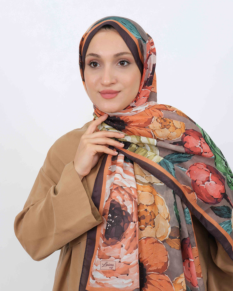 Soft Şal D060 Koyu Kahverengi, çiçekli desenli, 75 × 185 cm şal – görsel 3