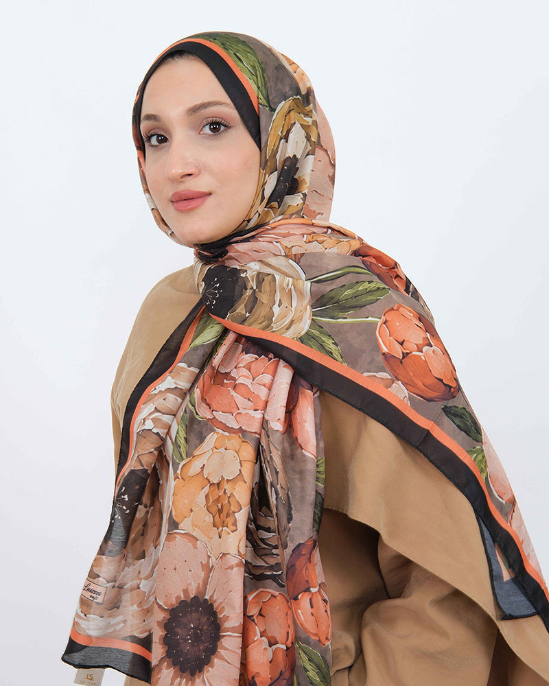 Soft Şal D060 Siyah-Kiremit, çiçekli desenli, 75 × 185 cm şal – görsel 3