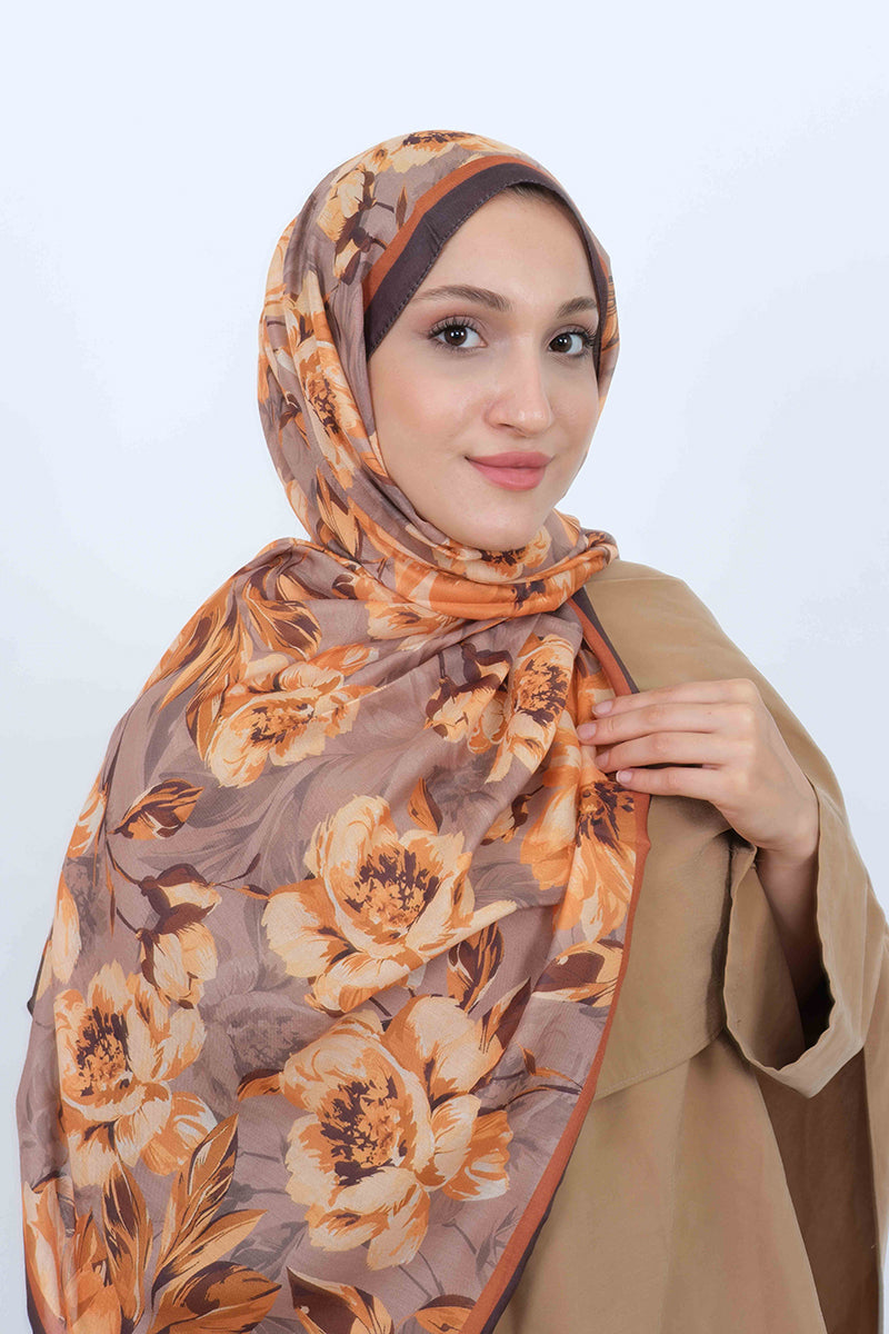 Soft Şal D061 Kahve-Kiremit, çiçekli desenli, 75 × 185 cm şal – görsel 1