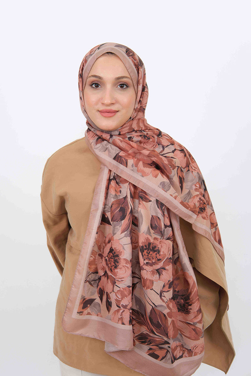 Soft Şal D061 Bej, Pudra renk, çiçekli desenli, 75 × 185 cm şal – görsel 2