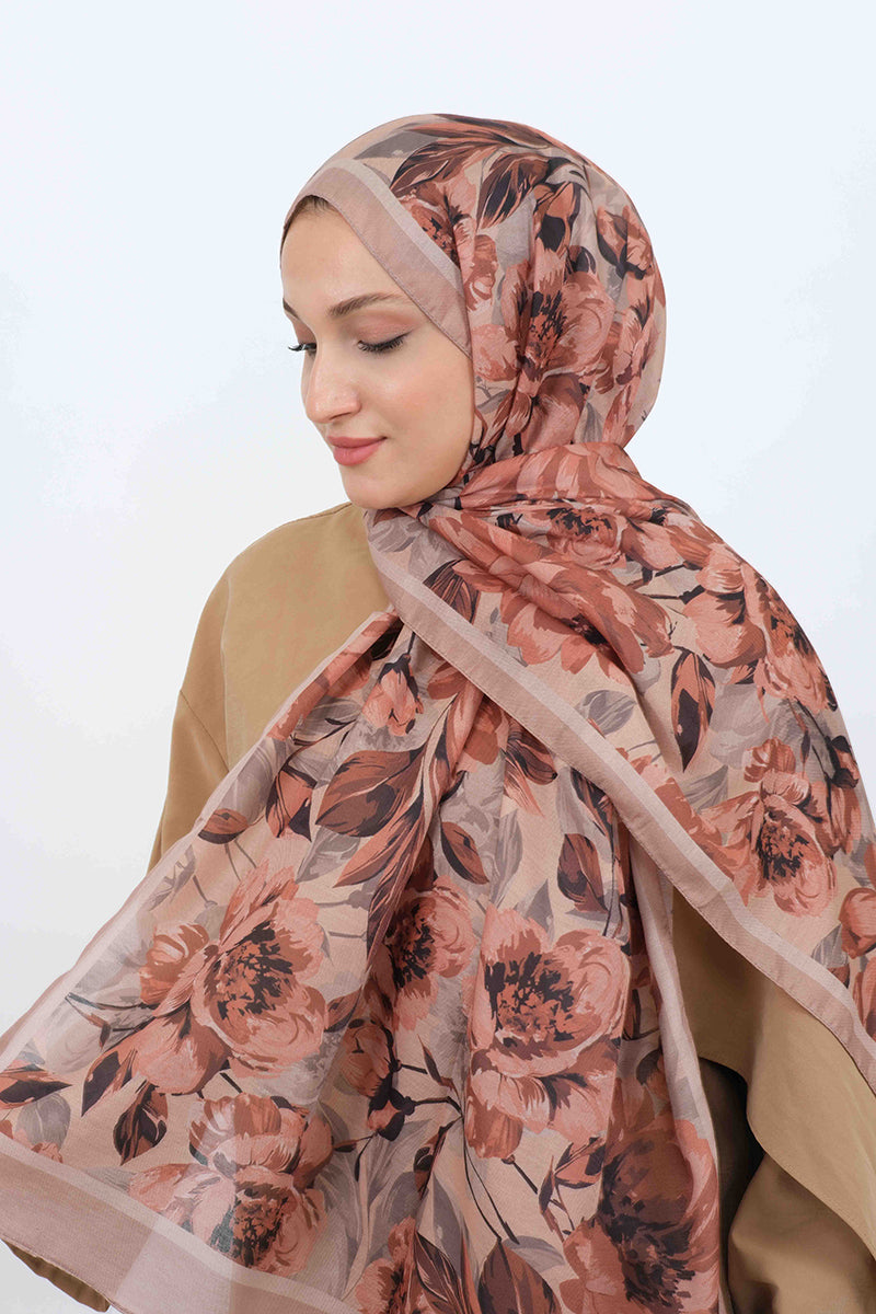 Soft Şal D061 Bej, Pudra renk, çiçekli desenli, 75 × 185 cm şal – görsel 1