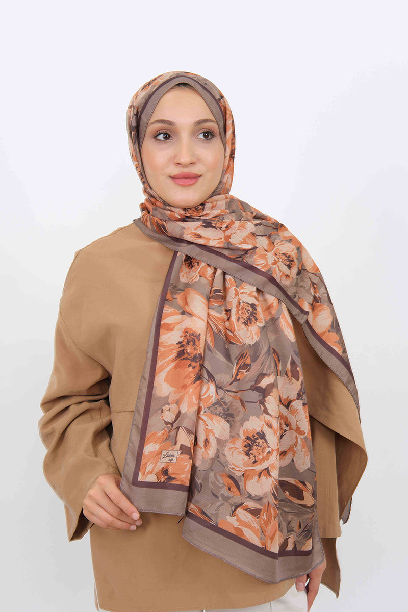 Soft Şal D061 Vizon, çiçekli desenli, 75 × 185 cm şal – görsel 2