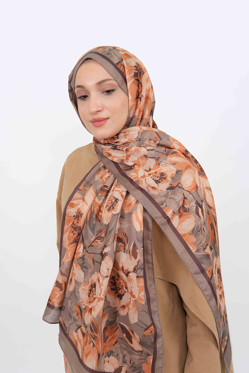 Soft Şal D061 Vizon, çiçekli desenli, 75 × 185 cm şal – görsel 1