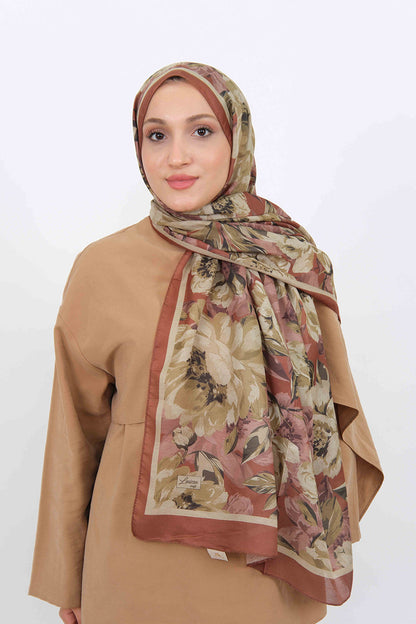 Soft Şal D061 Kiremit, çiçekli desenli, 75 × 185 cm şal – görsel 2