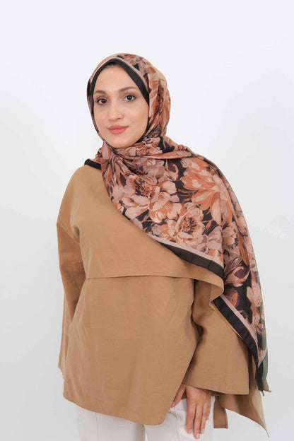 Soft Şal D061 Siyah-Somon, çiçekli desenli, 75 × 185 cm şal – görsel 1