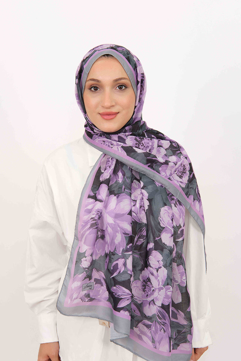 Soft Şal D061 Lila-Gri, çiçekli desenli, 75 × 185 cm şal – görsel 2