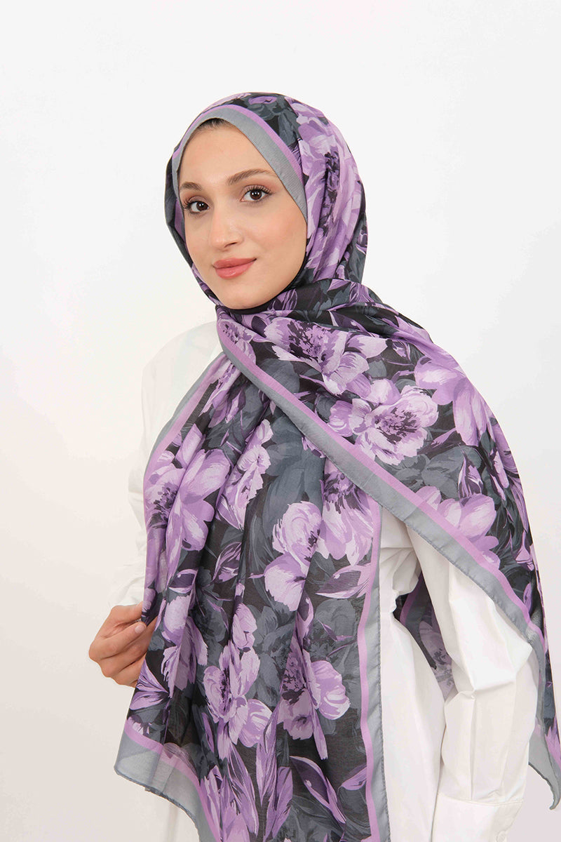 Soft Şal D061 Lila-Gri, çiçekli desenli, 75 × 185 cm şal – görsel 3