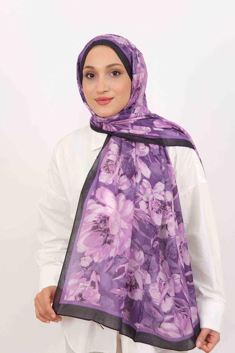 Soft Şal D061 Siyah-Mor, çiçekli desenli, 75 × 185 cm şal – görsel 2