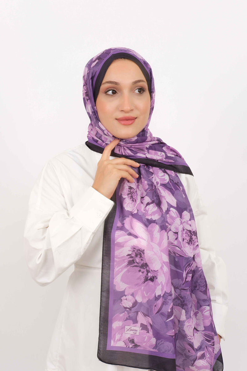 Soft Şal D061 Siyah-Mor, çiçekli desenli, 75 × 185 cm şal – görsel 3