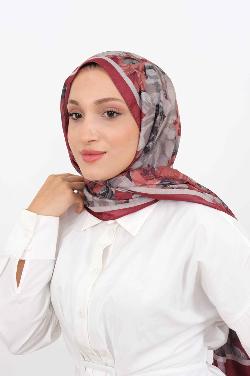 Soft Şal D061 Bordo-Gri, çiçekli desenli, 75 × 185 cm şal – görsel 2