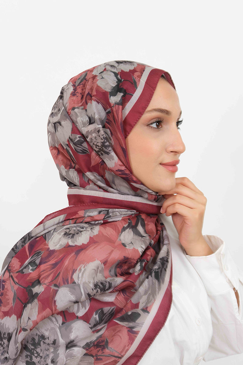 Soft Şal D061 Bordo-Gri, çiçekli desenli, 75 × 185 cm şal – görsel 1