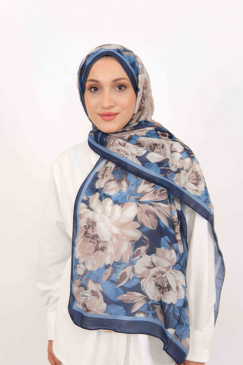 Soft Şal D061 Lacivert, çiçekli desenli, 75 × 185 cm şal – görsel 2