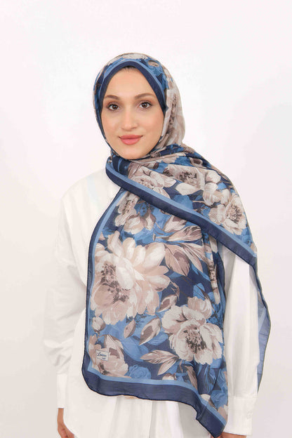 Soft Şal D061 Lacivert, çiçekli desenli, 75 × 185 cm şal – görsel 2